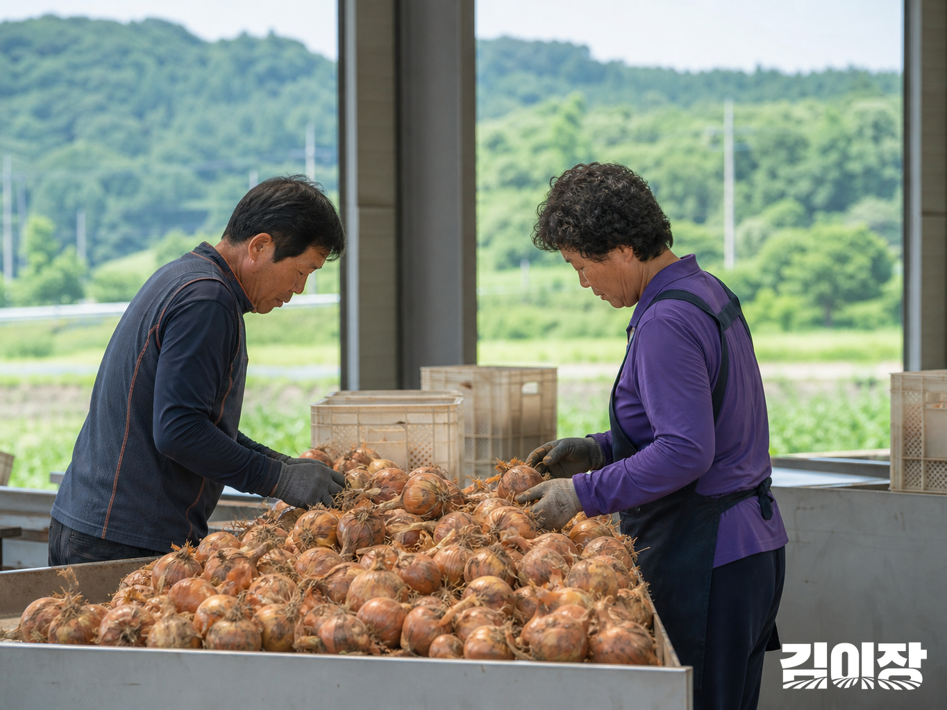 공동 선별장에서 서로 다른 작업복을 입은 생산자 두 명이 작업대 위 농산물을 함께 살펴보는 모습