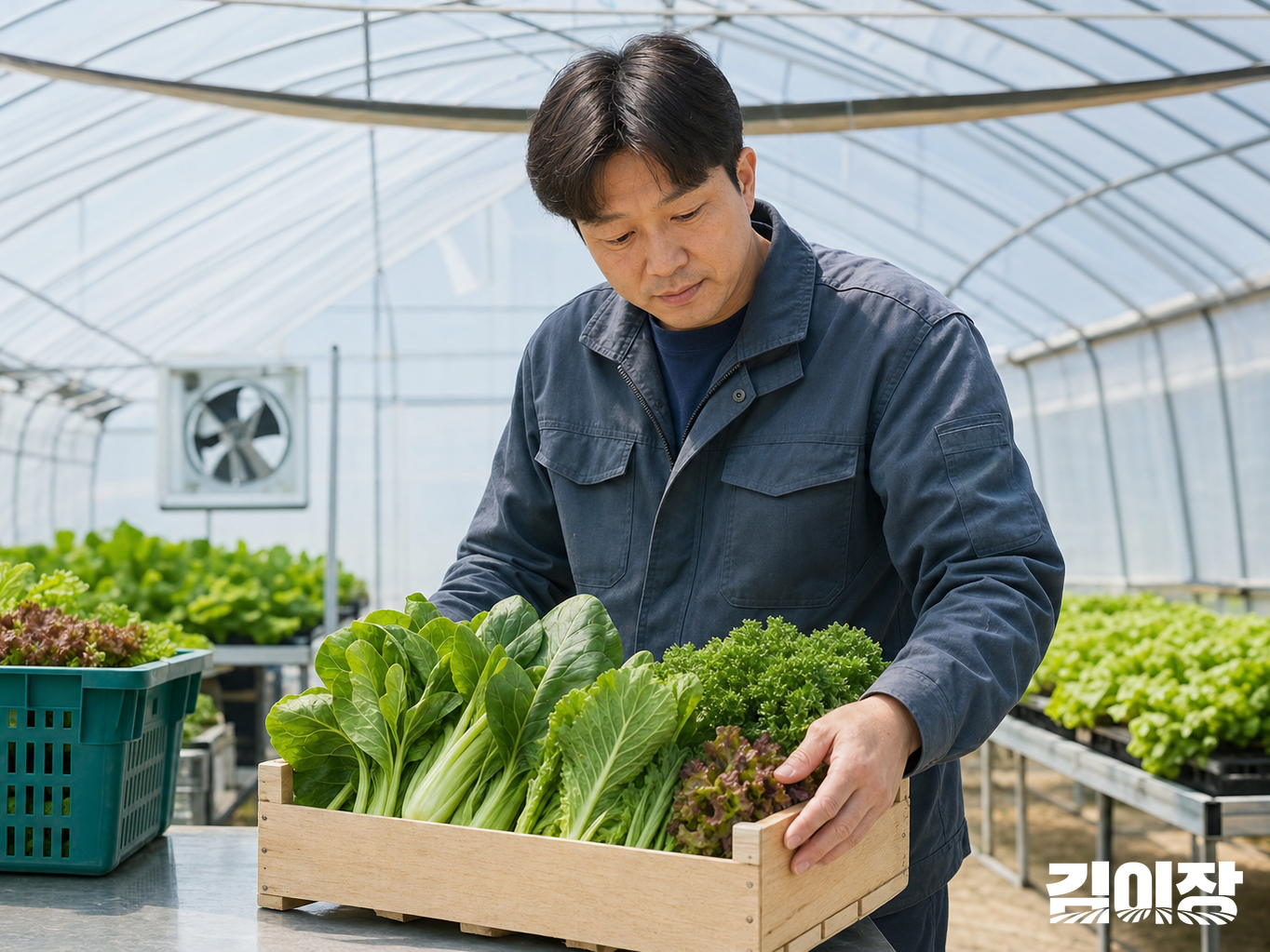 온실 선별 작업 공간에서 작업복 차림의 운영자가 선별대 위 농산물 상자를 살피는 모습