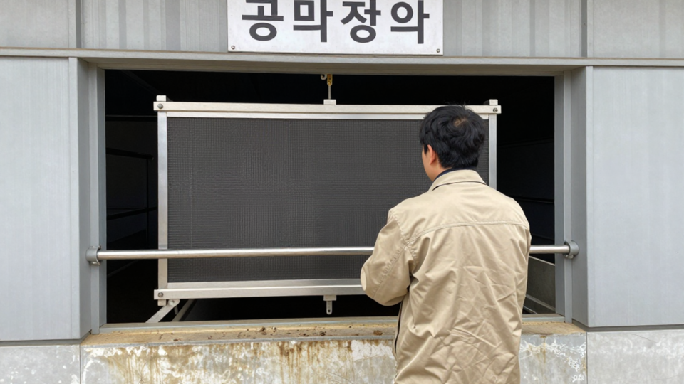 산란계 시설 외곽에서 주민 한 명이 축사 외벽의 큰 공기정화 설비를 살펴보는 개념 장면