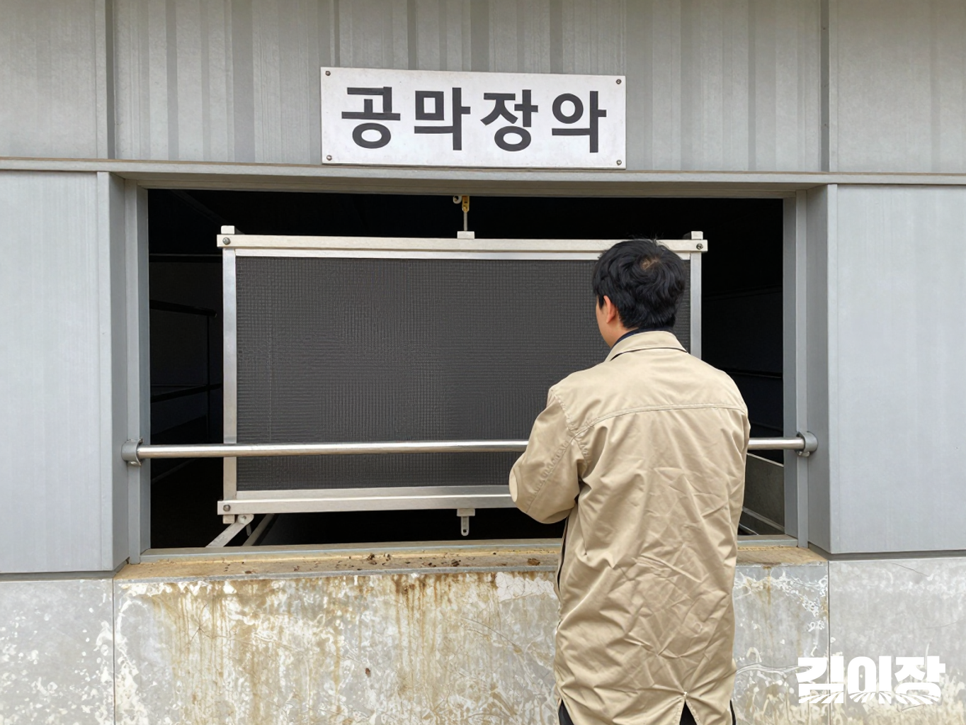 산란계 시설 외곽에서 주민 한 명이 축사 외벽의 큰 공기정화 설비를 살펴보는 개념 장면