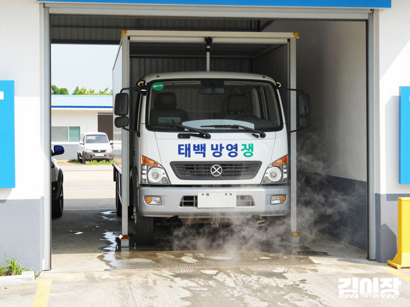 축산시설 진입로의 차량 소독구간에 정차한 무표식 작업 차량과 하부 소독 설비