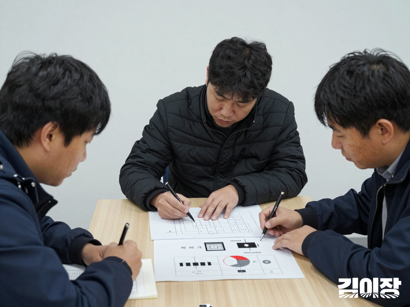 회의실 긴 테이블에서 세 명의 검토자가 중앙의 기술 도면과 센서 부품을 살펴보는 모습