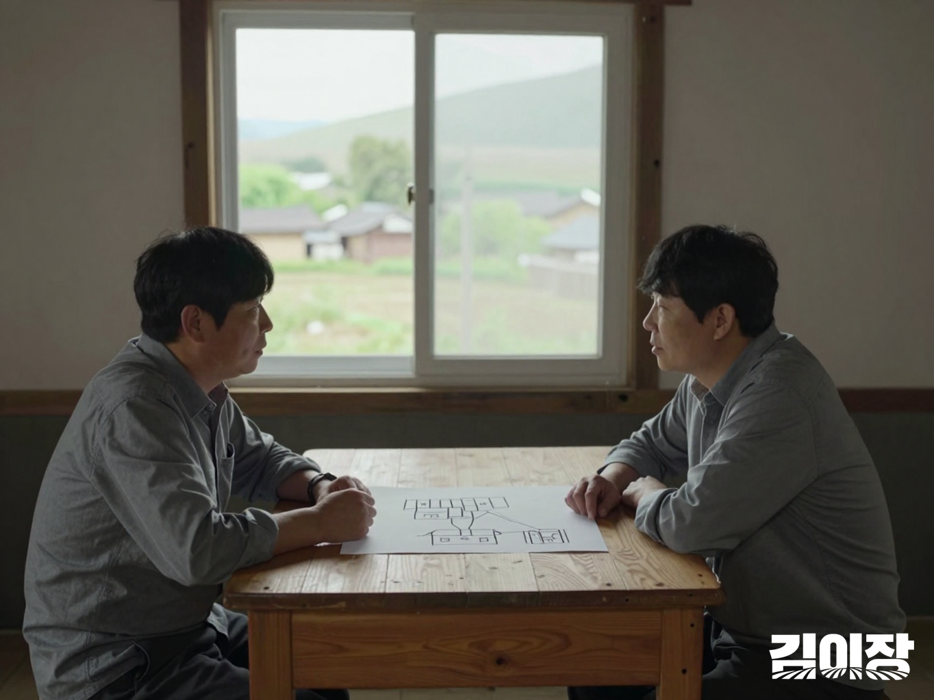 마을회관 창가 탁자에서 주민 두 명이 주거 공간이 표시된 단순한 마을 배치도를 함께 살펴보는 설명용 장면