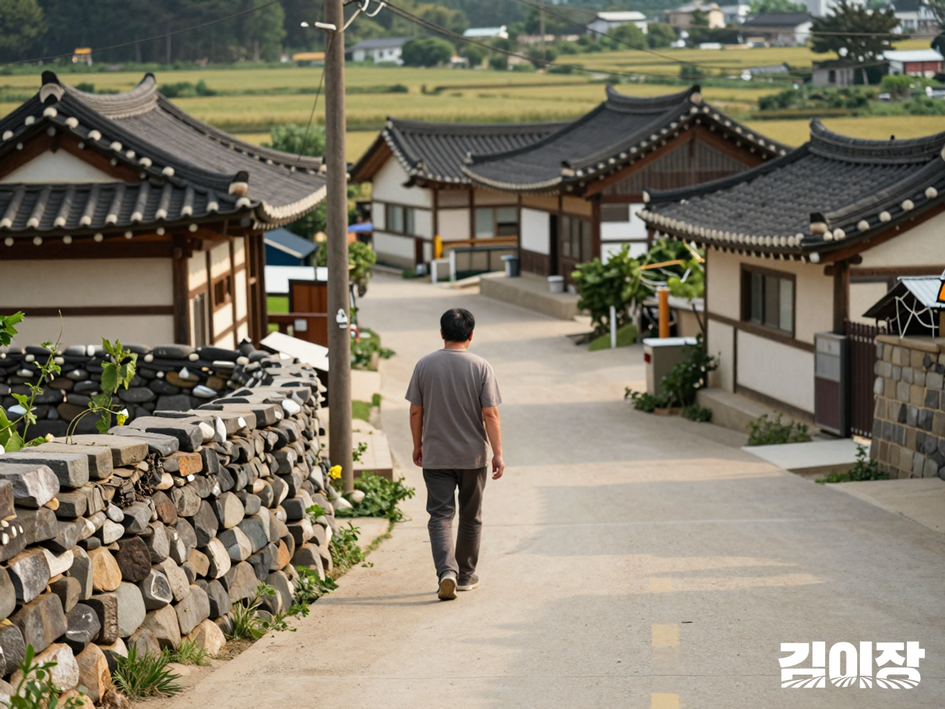 낮은 담장 옆에서 주택과 작은 공동공간이 이어지는 골목을 살펴보는 주민의 뒷모습
