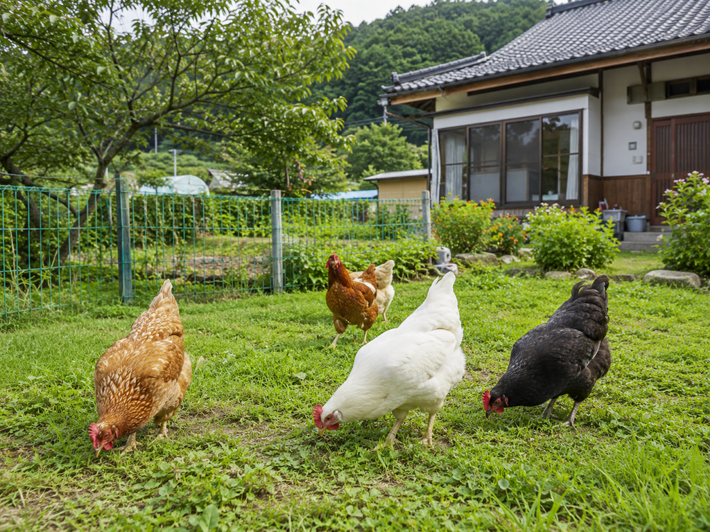 전원주택 마당의 소규모 닭