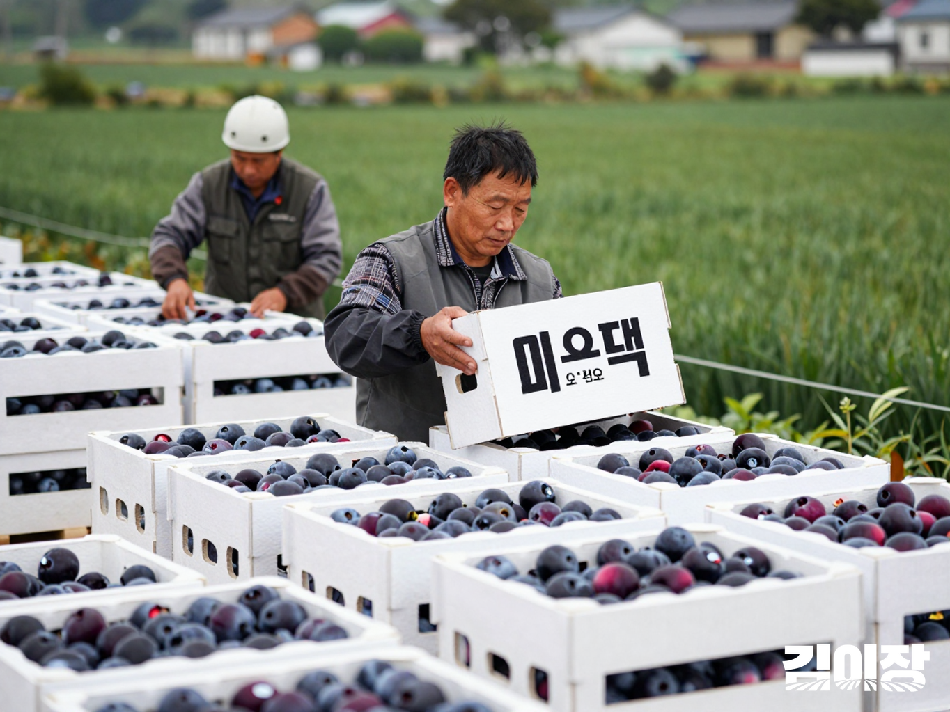 수출 시장에 맞춰 서로 다른 형태로 포도를 포장하는 작업 모습