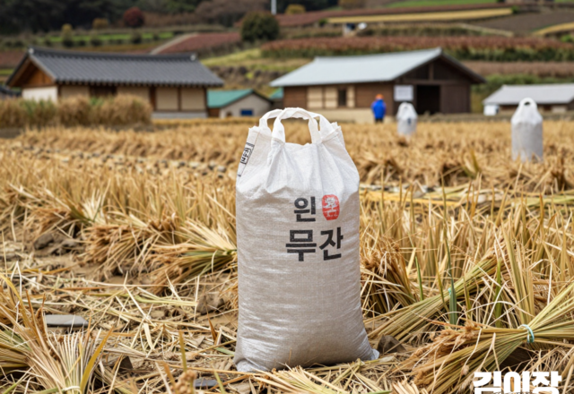 수확 중인 논 앞에 갓 거둔 벼 톤백이 놓인 모습