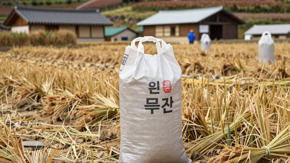 수확 중인 논 앞에 갓 거둔 벼 톤백이 놓인 모습