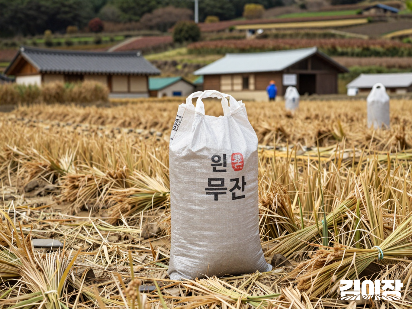 수확 중인 논 앞에 갓 거둔 벼 톤백이 놓인 모습