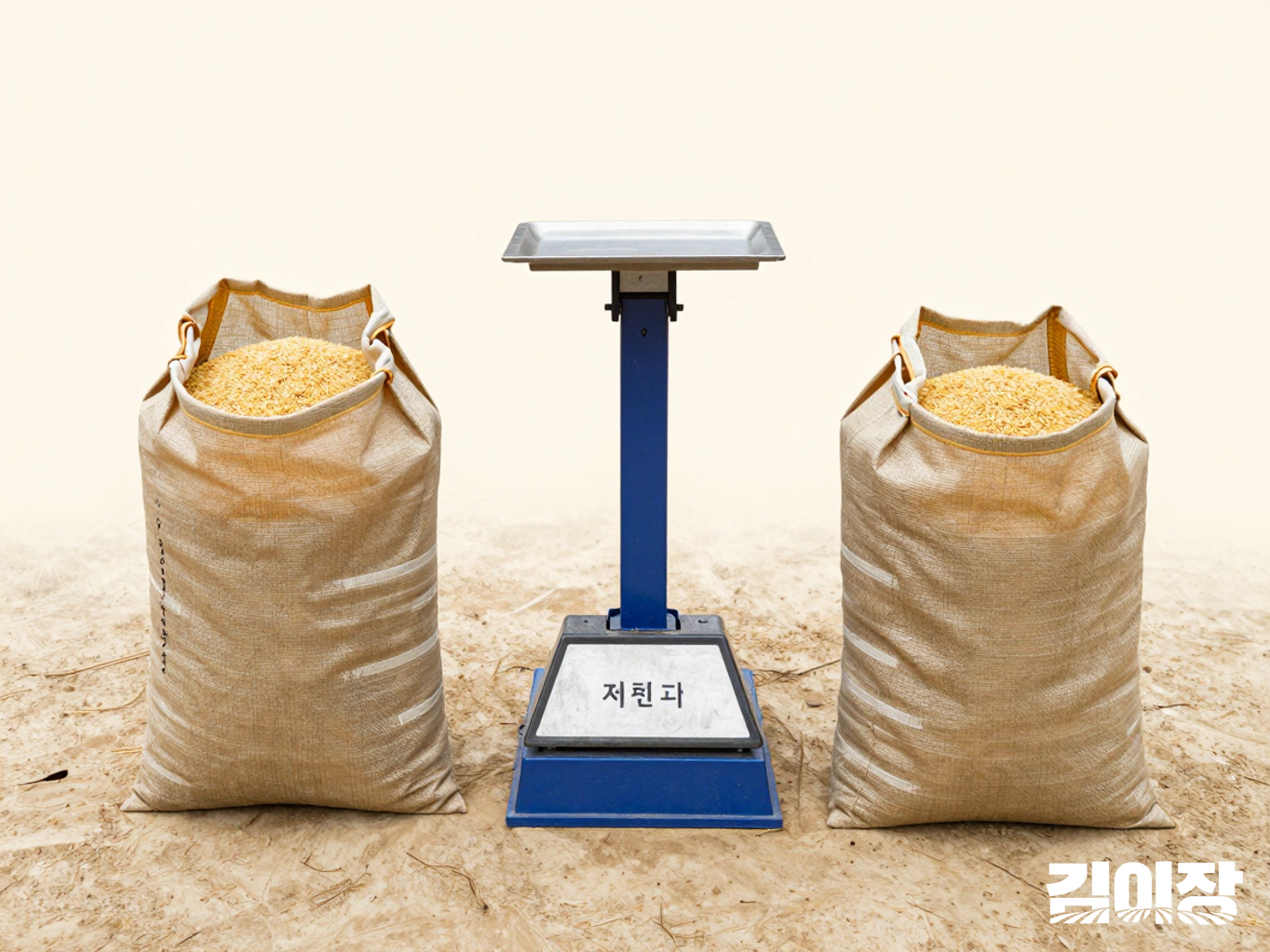 바닥 저울 양옆에 벼 포대와 도정된 쌀 포대가 놓인 모습