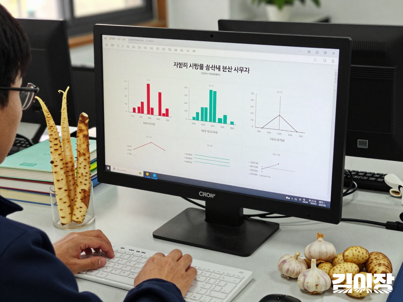 여러 소비정보 데이터를 비교하는 분석가와 농산물 표본