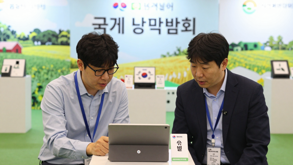 농기자재 제품을 사이에 두고 해외 바이어와 상담하는 수출업체 담당자