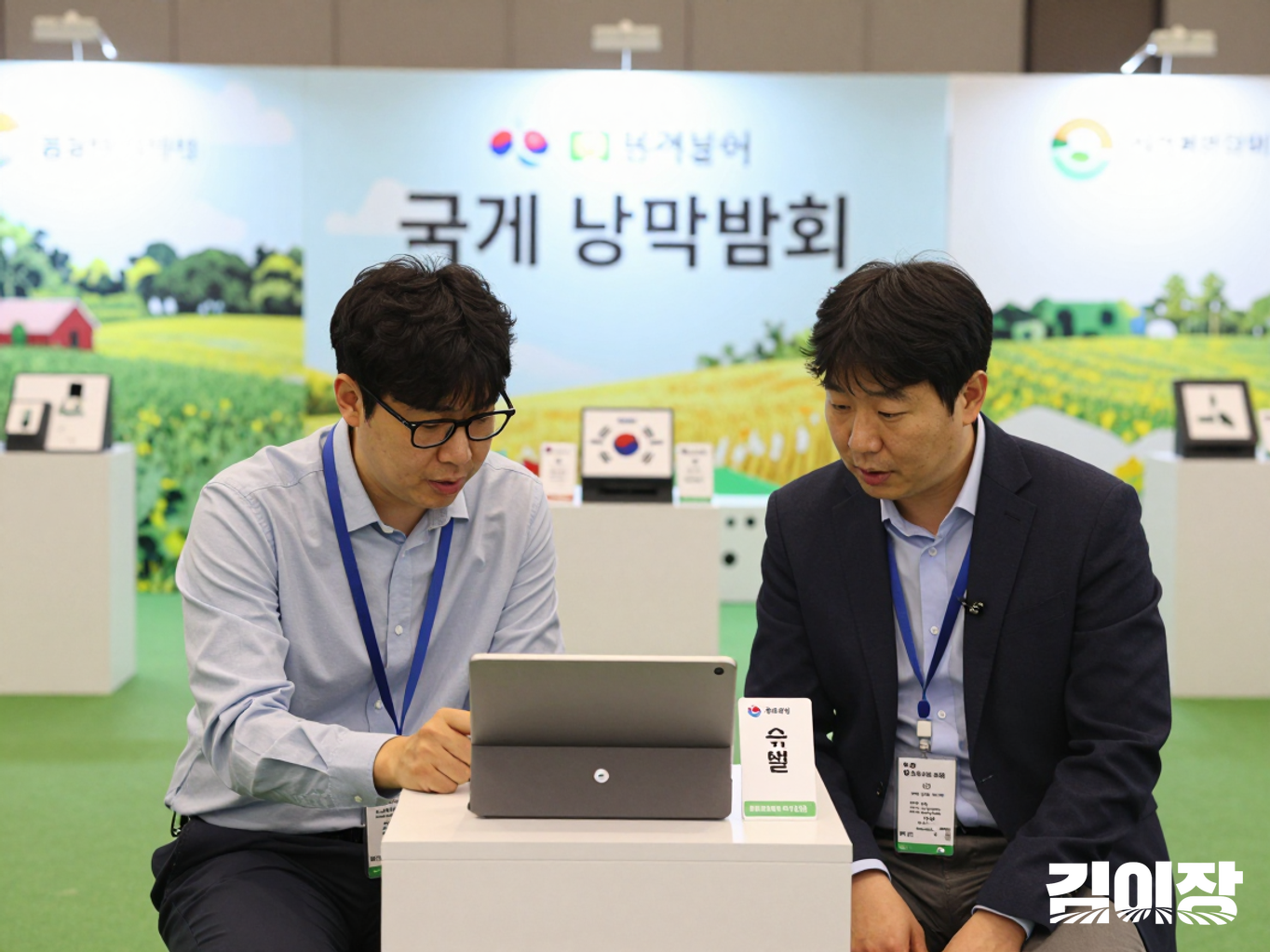 농기자재 제품을 사이에 두고 해외 바이어와 상담하는 수출업체 담당자