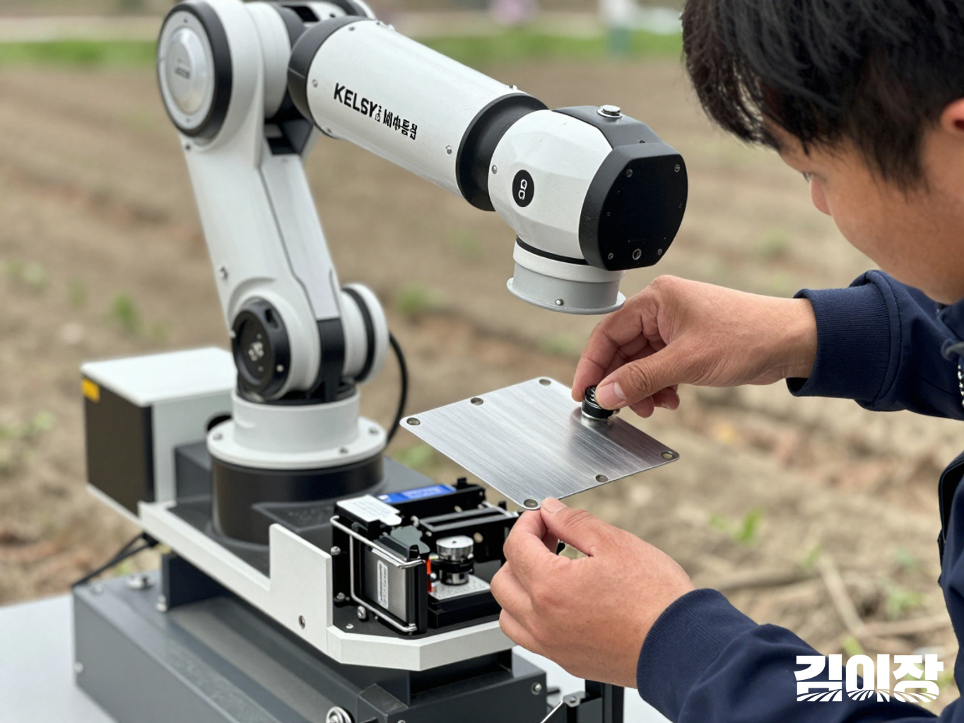 농업로봇의 배터리와 구동부 주변을 점검하는 손