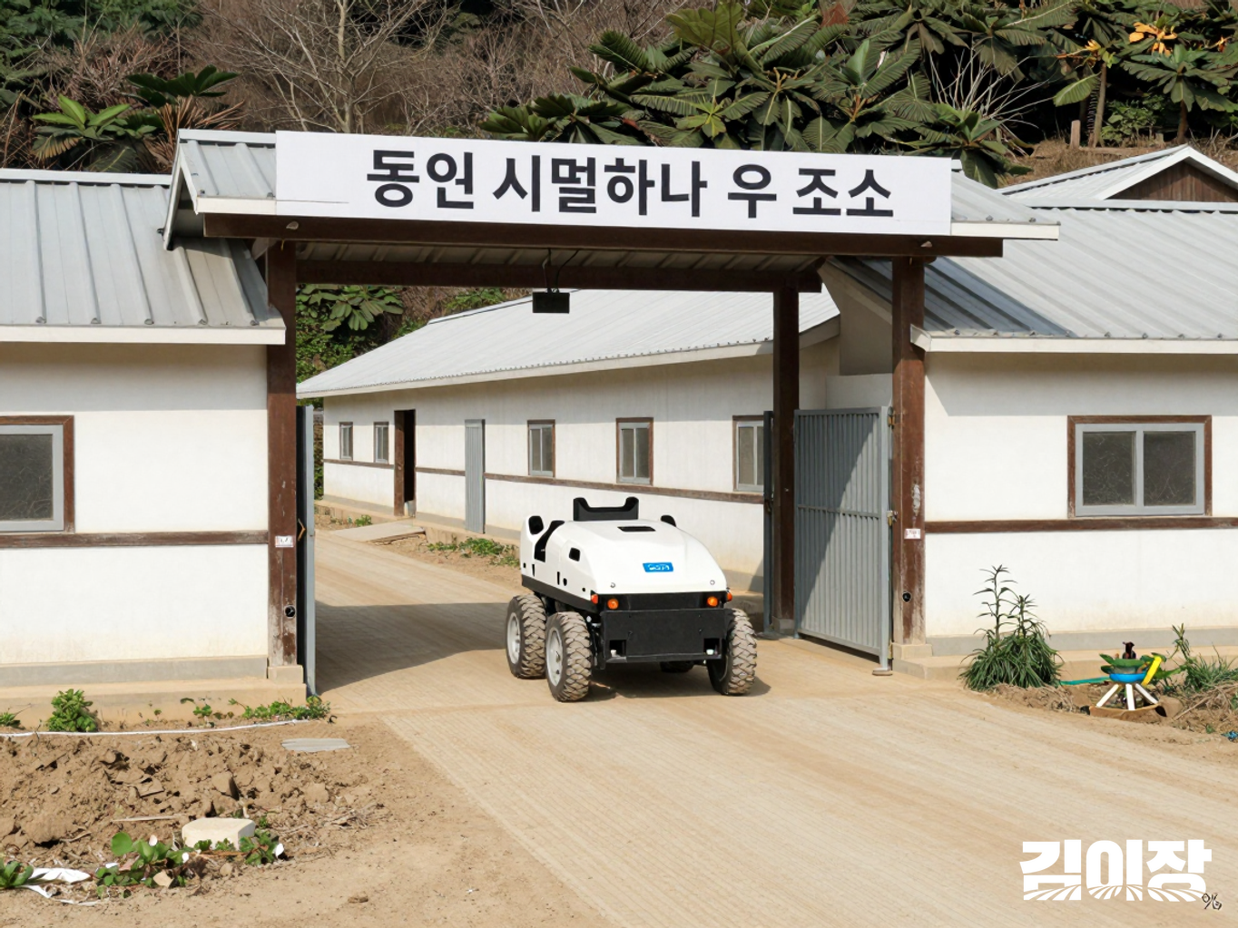 여러 시설하우스 출입구와 그 사이의 작업 동선 앞에 놓인 농업로봇