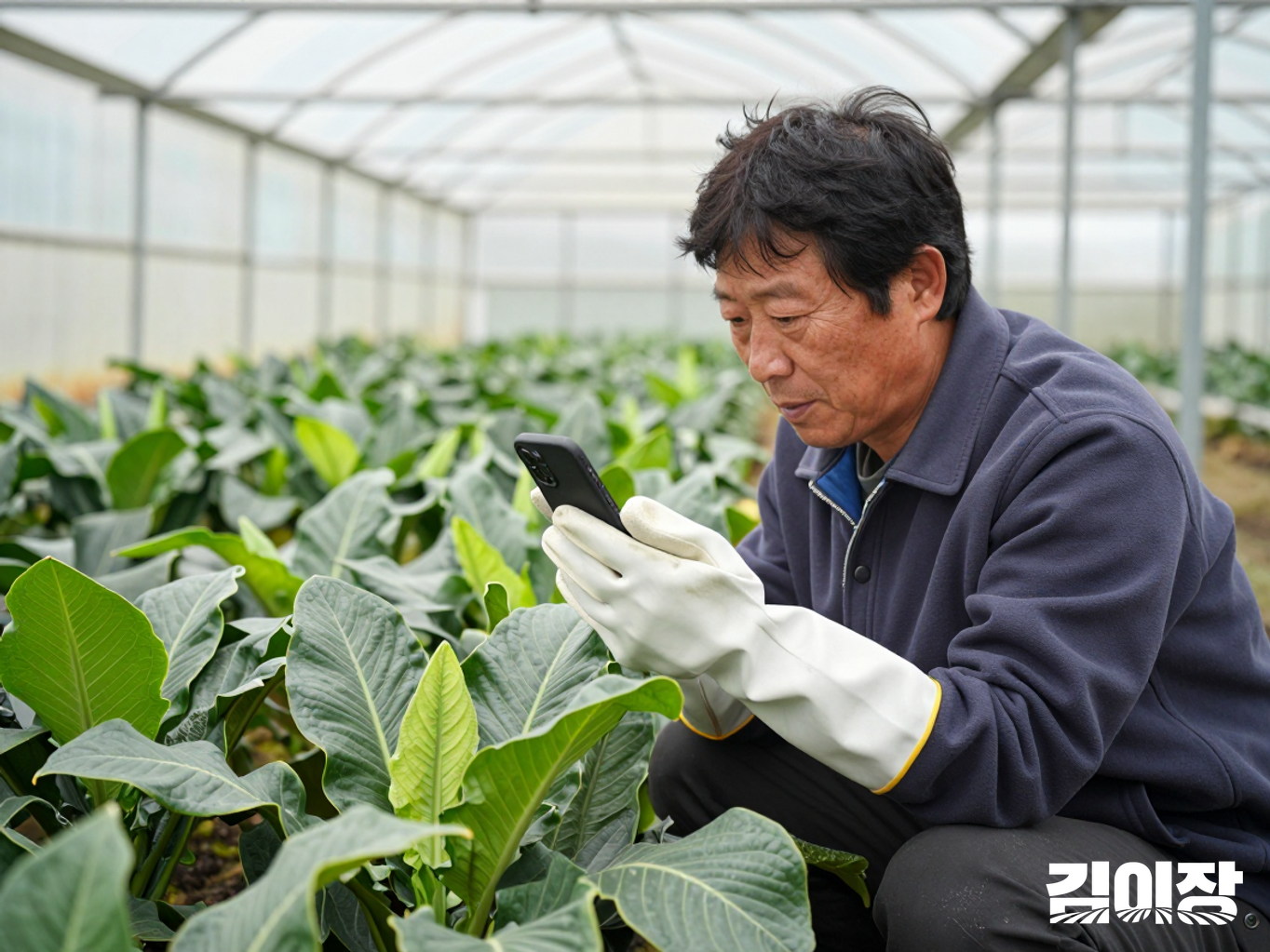 비닐하우스에서 작업 중 스마트폰에 음성으로 질문하는 농업인