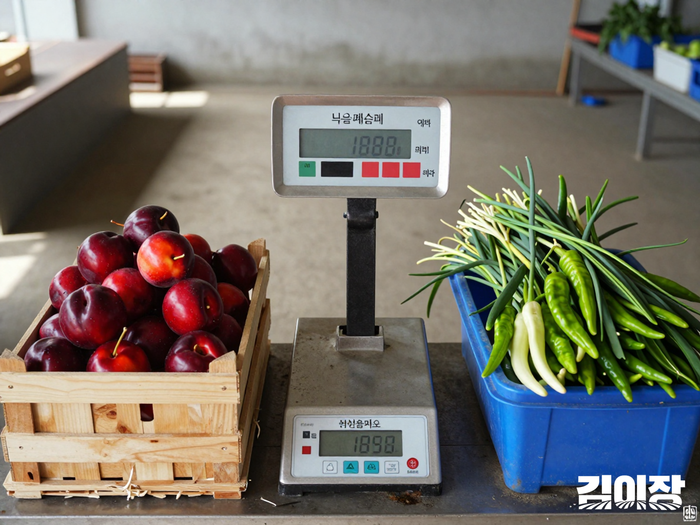 자두·복숭아 상자와 시설고추·대파 상자가 저울 옆에 놓인 모습