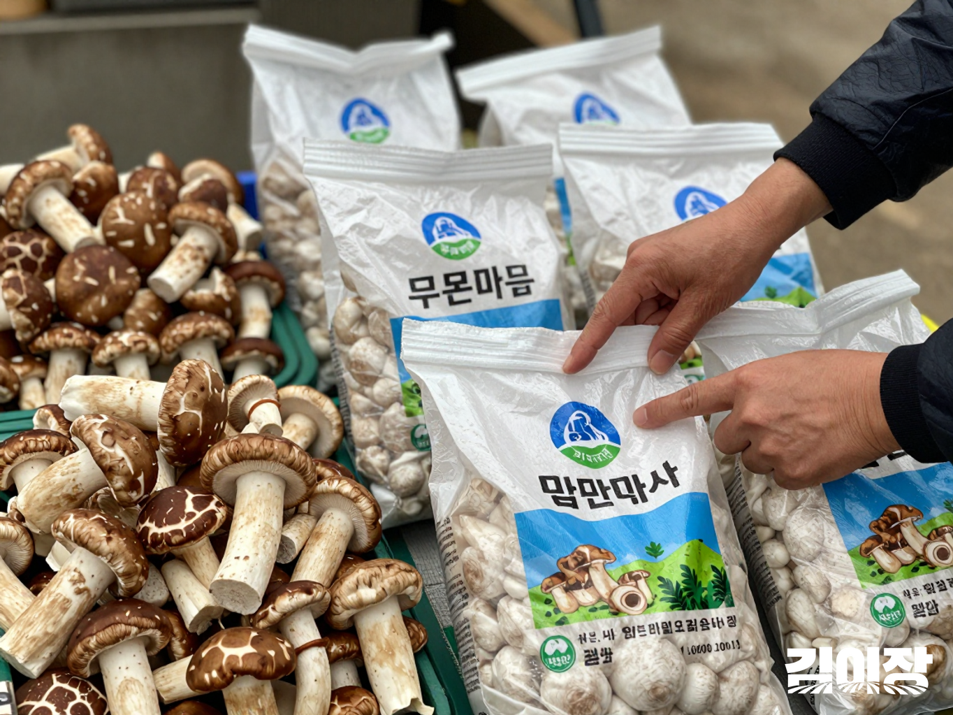 판매대에서 원물과 가공품을 나누어 설명하는 모습
