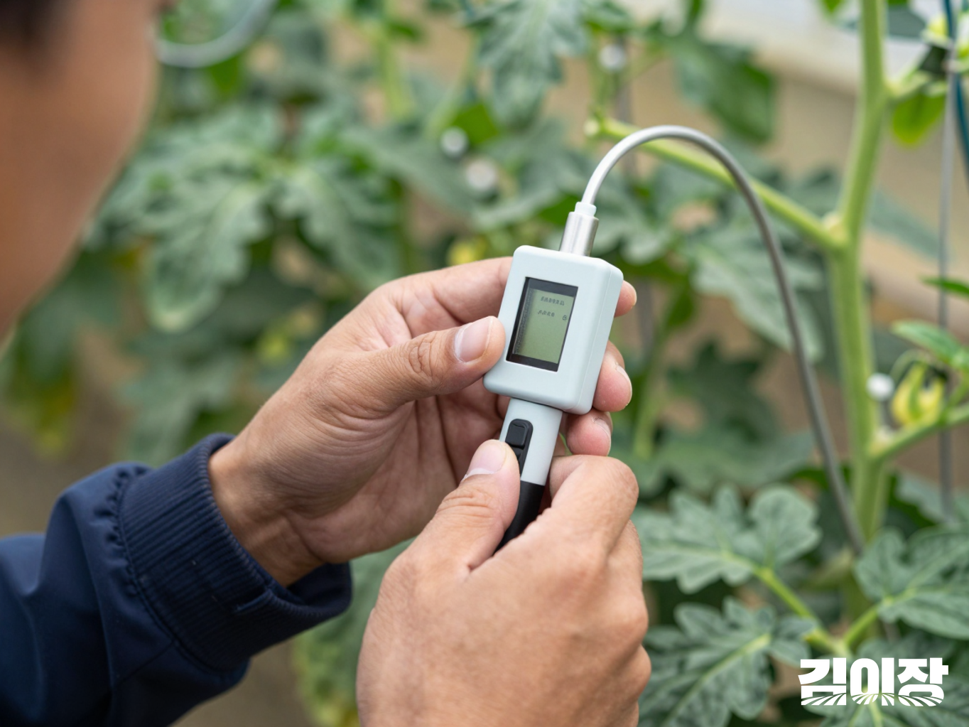 스마트온실의 환경 센서를 점검하는 모습