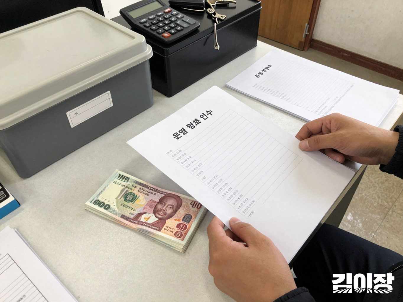 농장 운영 서류와 기록 자료를 분류해 넘겨받는 장면