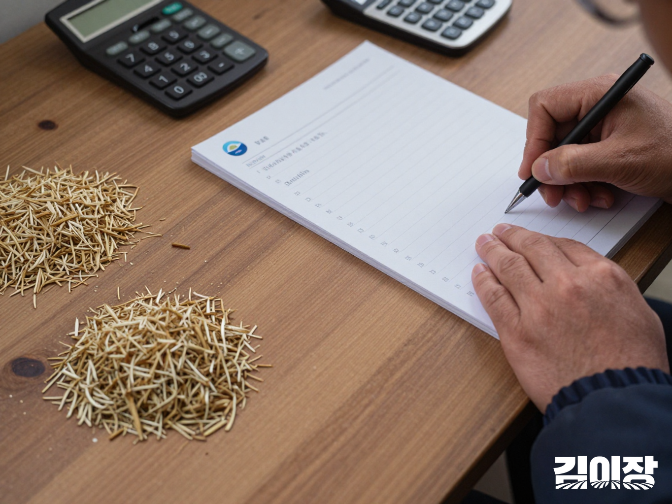 사료 원료 샘플을 옆에 두고 급여 기록을 정리하는 모습