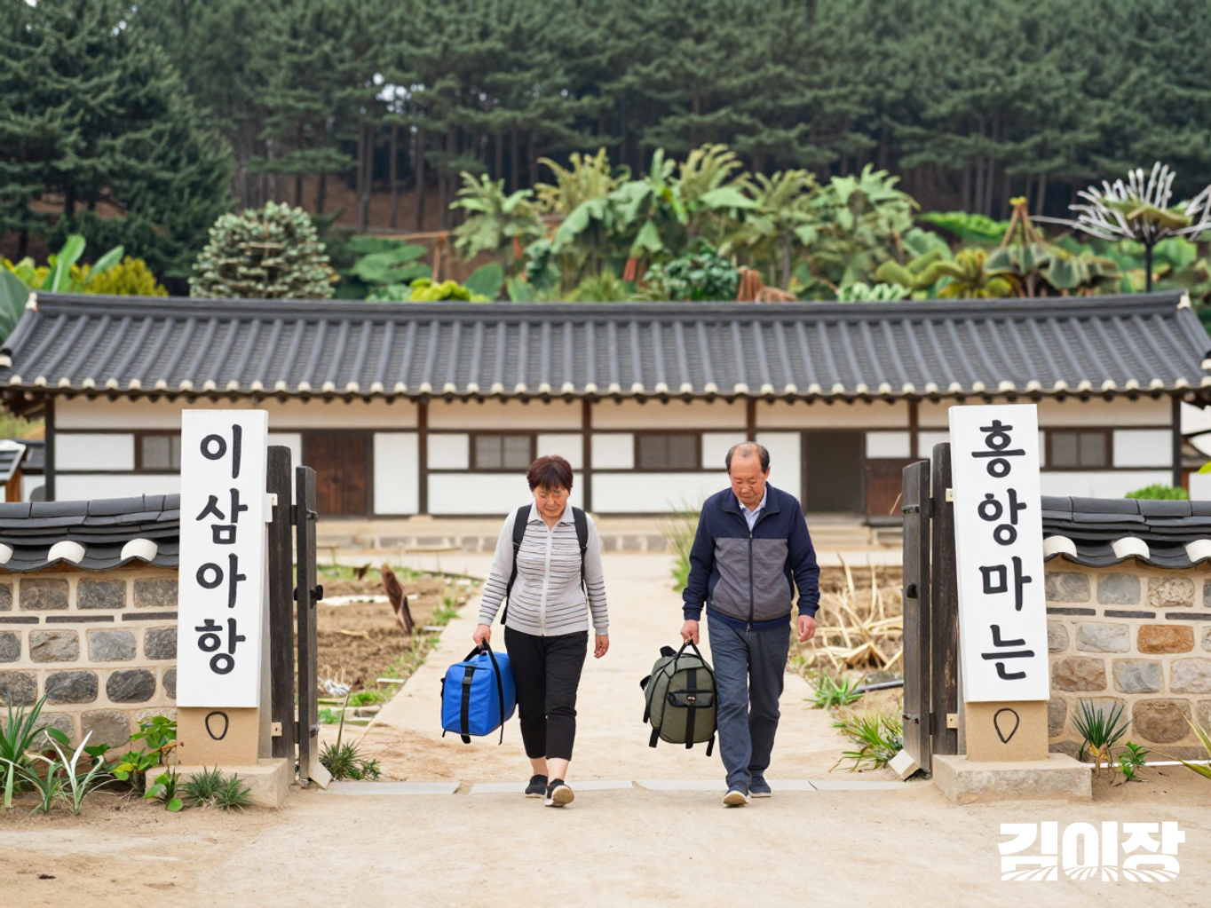 1박 2일 귀촌 후보지 답사를 위해 농촌체험마을을 둘러보는 중년 방문객들