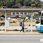 시외버스에서 내려 여행가방을 들고 농촌마을로 향하는 여행자