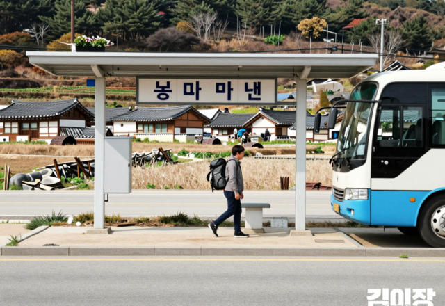 시외버스에서 내려 여행가방을 들고 농촌마을로 향하는 여행자