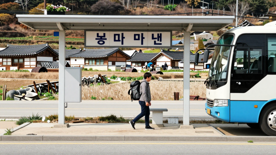시외버스에서 내려 여행가방을 들고 농촌마을로 향하는 여행자