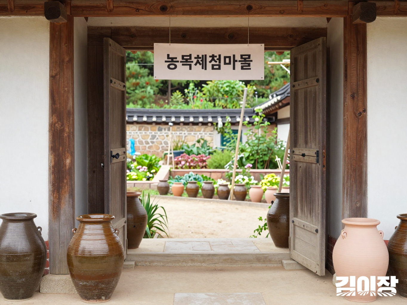 도자기 잔과 발효 항아리가 놓인 농촌체험 공간과 문밖 정원