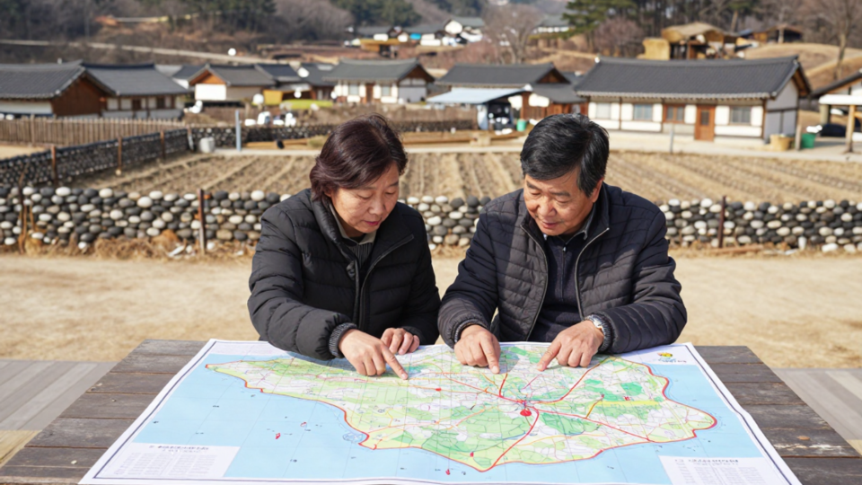 농촌 지역 지도를 펴고 관광 자원 연결을 살펴보는 귀촌 부부
